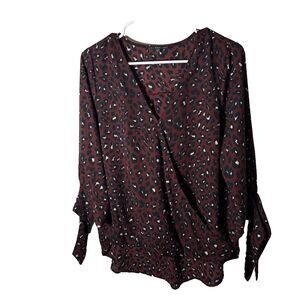 West Kei Blouse Women's Medium Cheetah 3/4 Sleeve Tie Printed Shirt Top